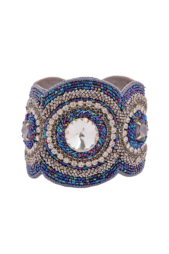 Blue Hand Embroidered Cuff Bracelet by Jyo Das Accessories at Pernia's Pop Up Shop