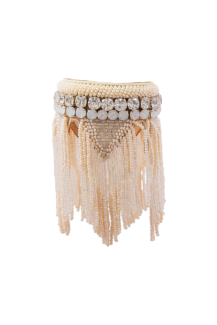 White Hand Embroidered Cuff Bracelet by Jyo Das Accessories at Pernia's Pop Up Shop