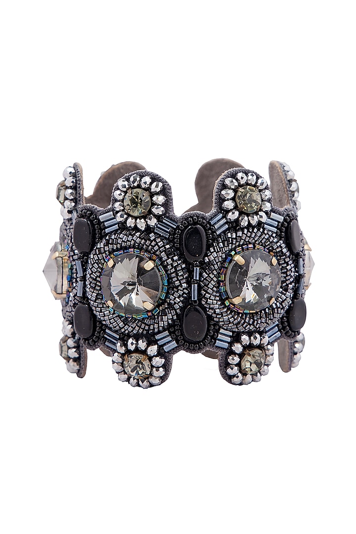 Black Hand Embroidered Cuff Bracelet by Jyo Das Accessories at Pernia's Pop Up Shop