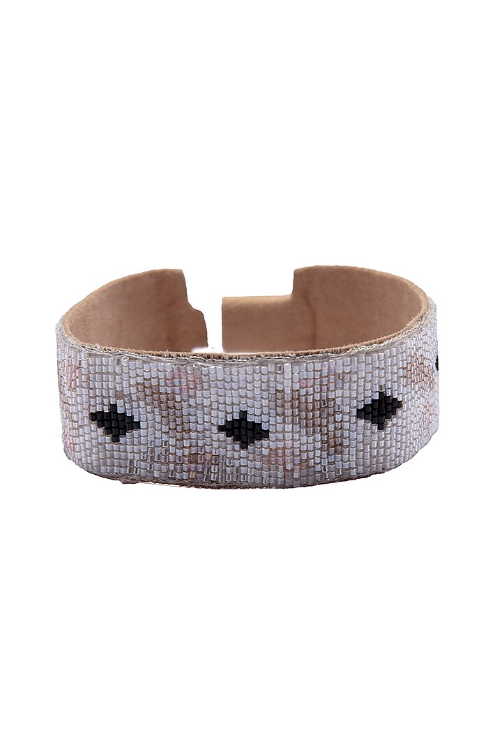 Cream Hand Embroidered Cuff Bracelet by Jyo Das Accessories at Pernia's Pop Up Shop