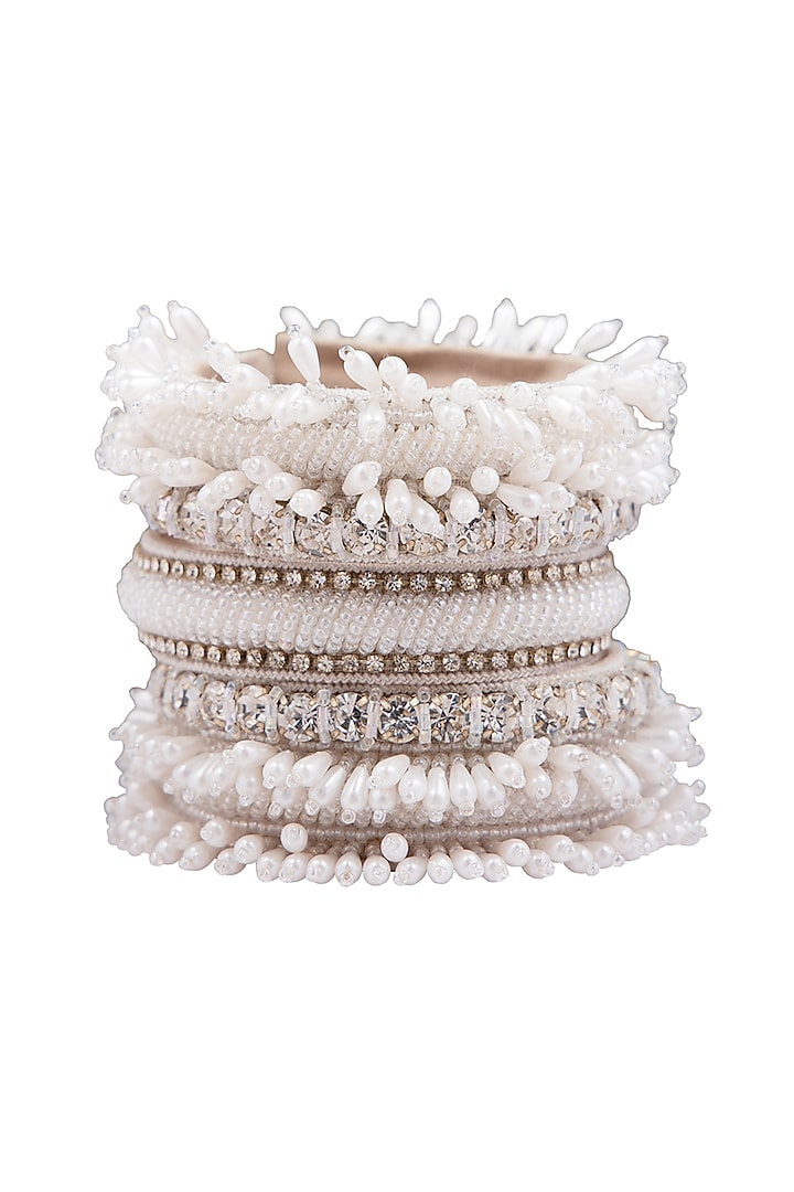 White Hand Embroidered Cuff Bracelet by Jyo Das Accessories at Pernia's Pop Up Shop