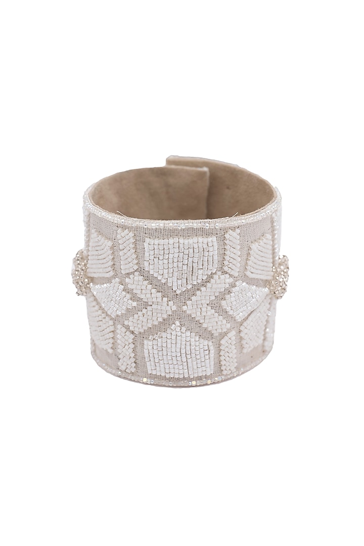 White Hand Embroidered Cuff Bracelet by Jyo Das Accessories at Pernia's Pop Up Shop