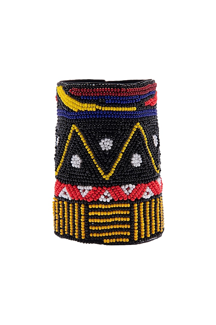 Black Hand Embroidered Cuff Bracelet by Jyo Das Accessories