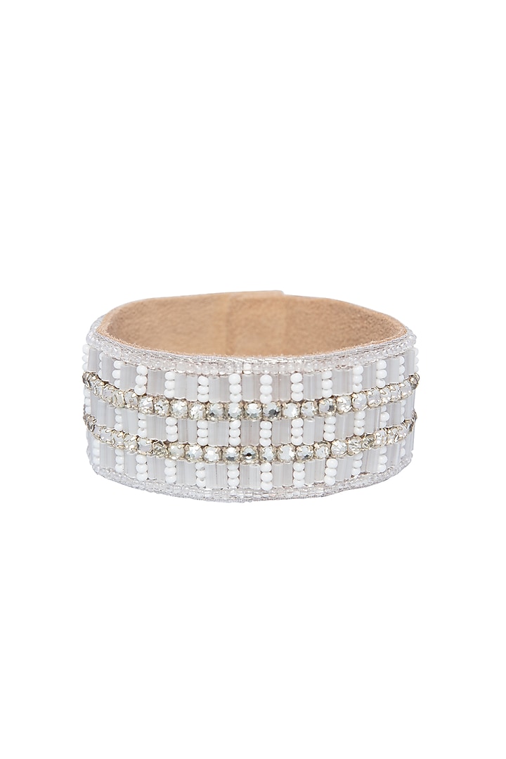 White Hand Embroidered Cuff Bracelet by Jyo Das Accessories at Pernia's Pop Up Shop