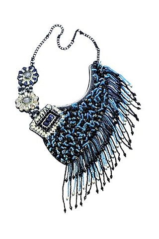 Blue Glass Crystal & Bead Embroidered Necklace by Jyo Das Accessories
