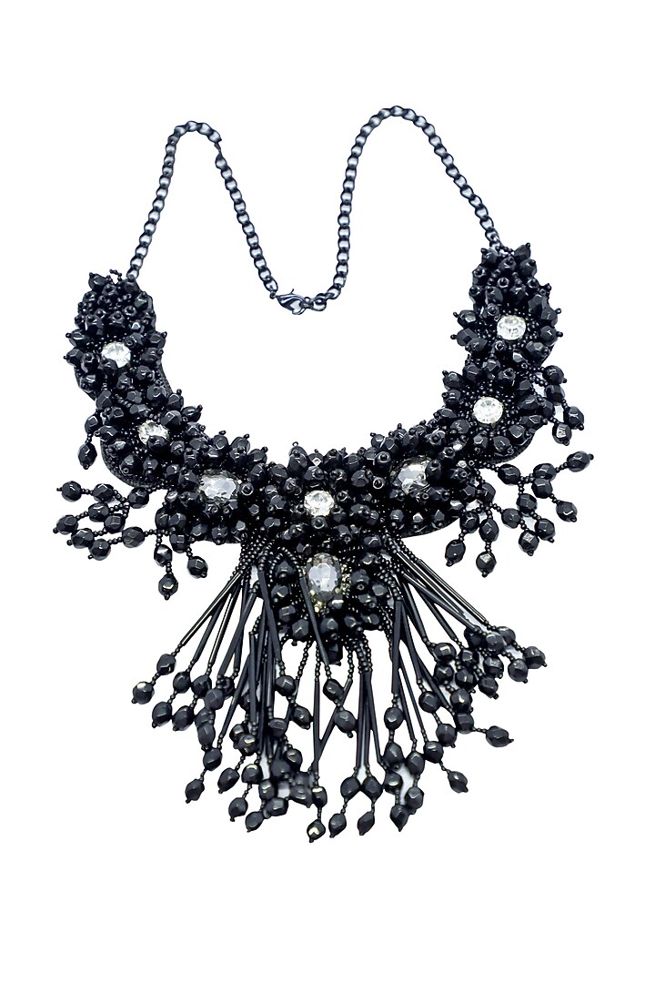 Black Glass Crystal & Pearl Embroidered Necklace by Jyo Das Accessories at Pernia's Pop Up Shop