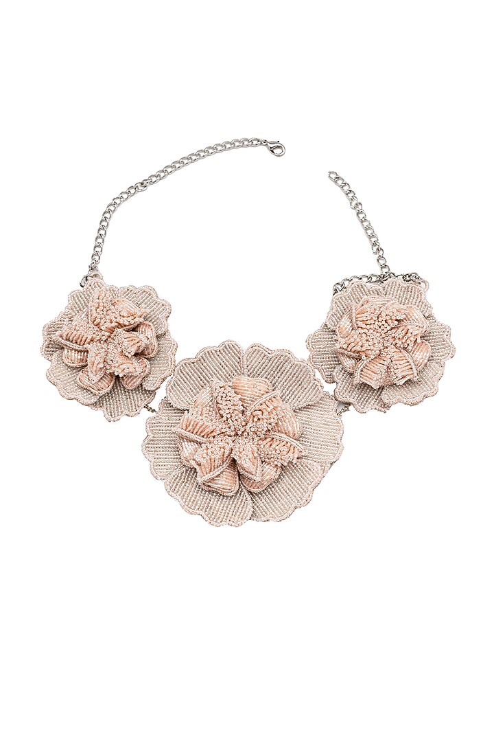 Pink Beaded Embroidered Floral Necklace by Jyo Das Accessories at Pernia's Pop Up Shop