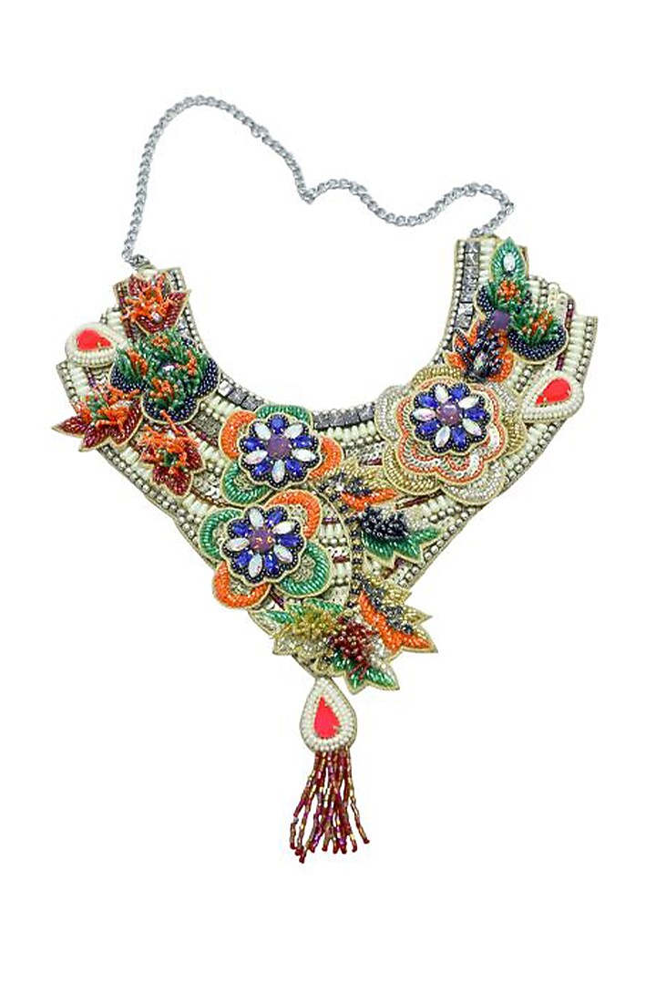 Multi-Colored Glass Crystal & Pearl Embroidered Necklace by Jyo Das Accessories at Pernia's Pop Up Shop