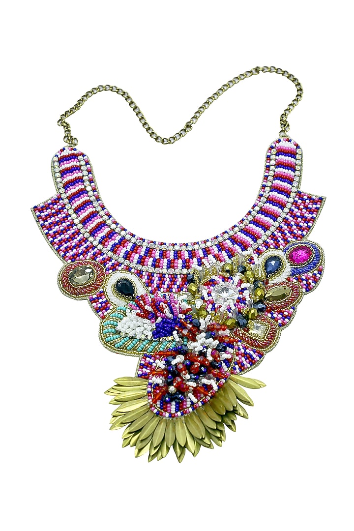 Multi-Colored Glass Crystal & Bead Embroidered Necklace by Jyo Das Accessories at Pernia's Pop Up Shop