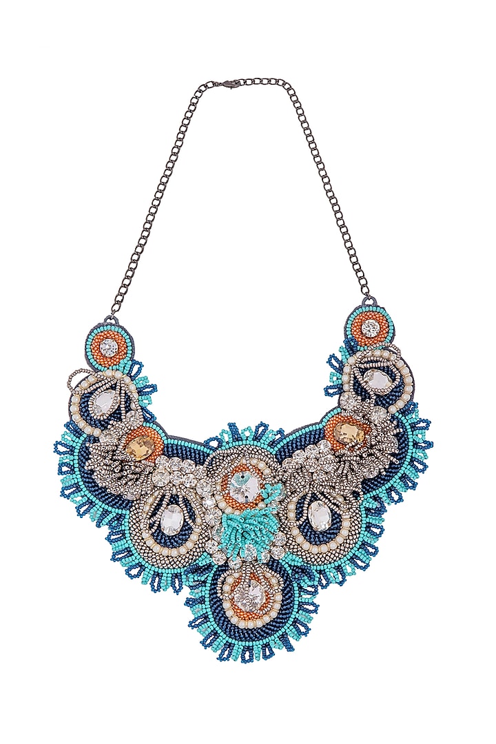 Blue Glass Crystal & Pearl Embroidered Necklace by Jyo Das Accessories at Pernia's Pop Up Shop