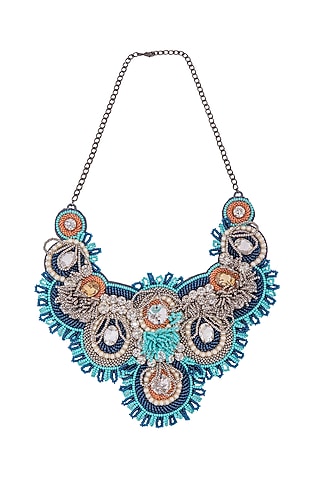 Blue Glass Crystal & Pearl Embroidered Necklace by Jyo Das Accessories