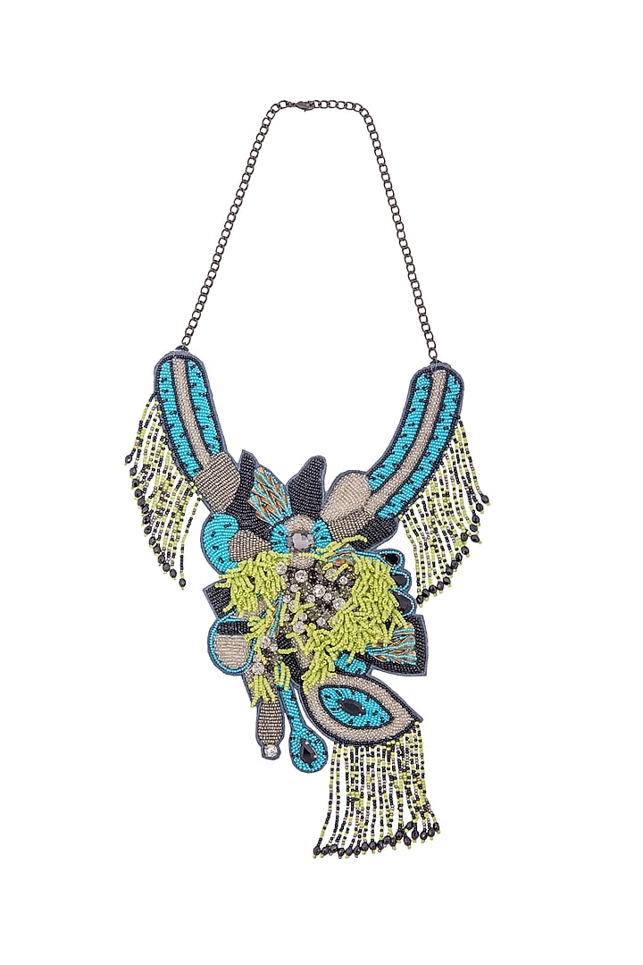 Blue Glass Crystal & Bead Embroidered Necklace by Jyo Das Accessories at Pernia's Pop Up Shop