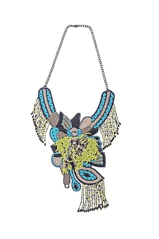 Blue Glass Crystal & Bead Embroidered Necklace by Jyo Das Accessories