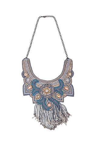 Blue Glass Crystal & Bead Floral Embroidered Necklace by Jyo Das Accessories