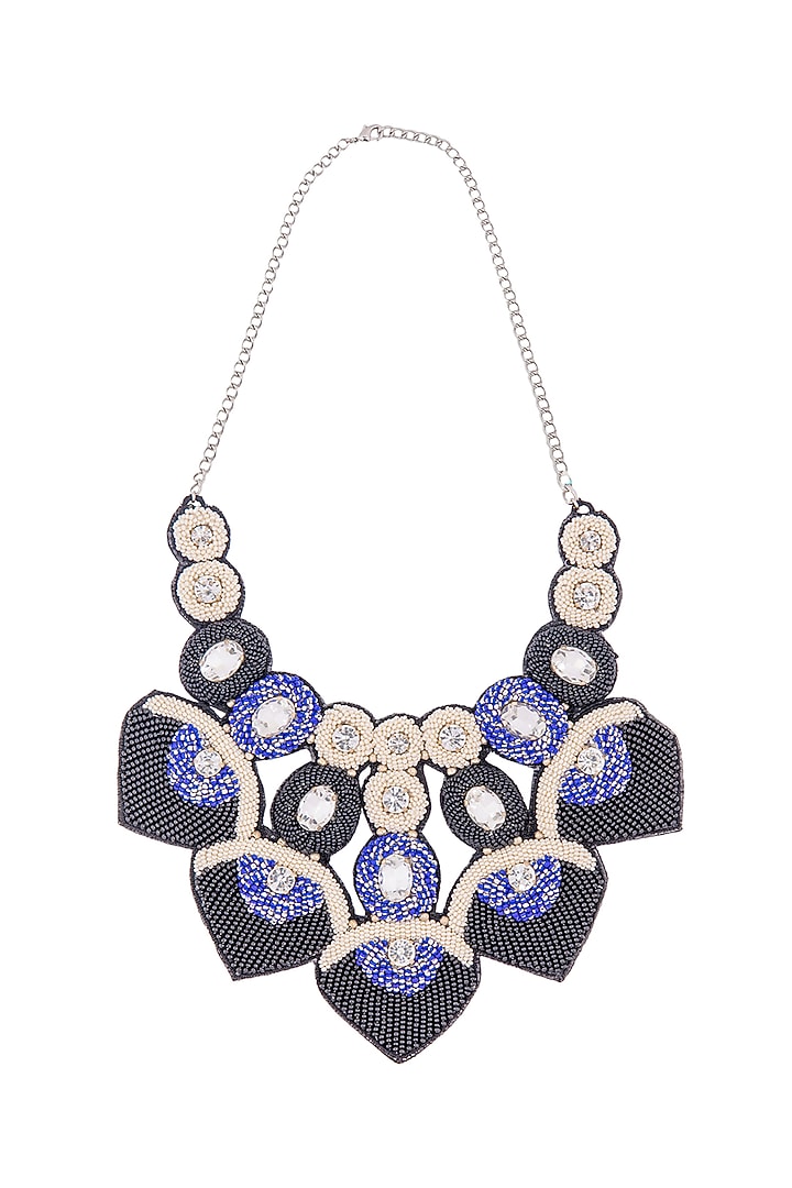 Blue Hand Embroidered Petal Necklace by Jyo Das Accessories at Pernia's Pop Up Shop