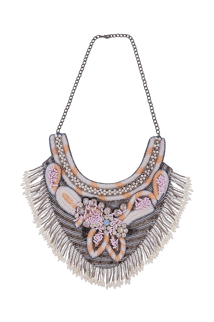 White Hand Embroidered Necklace by Jyo Das Accessories at Pernia's Pop Up Shop