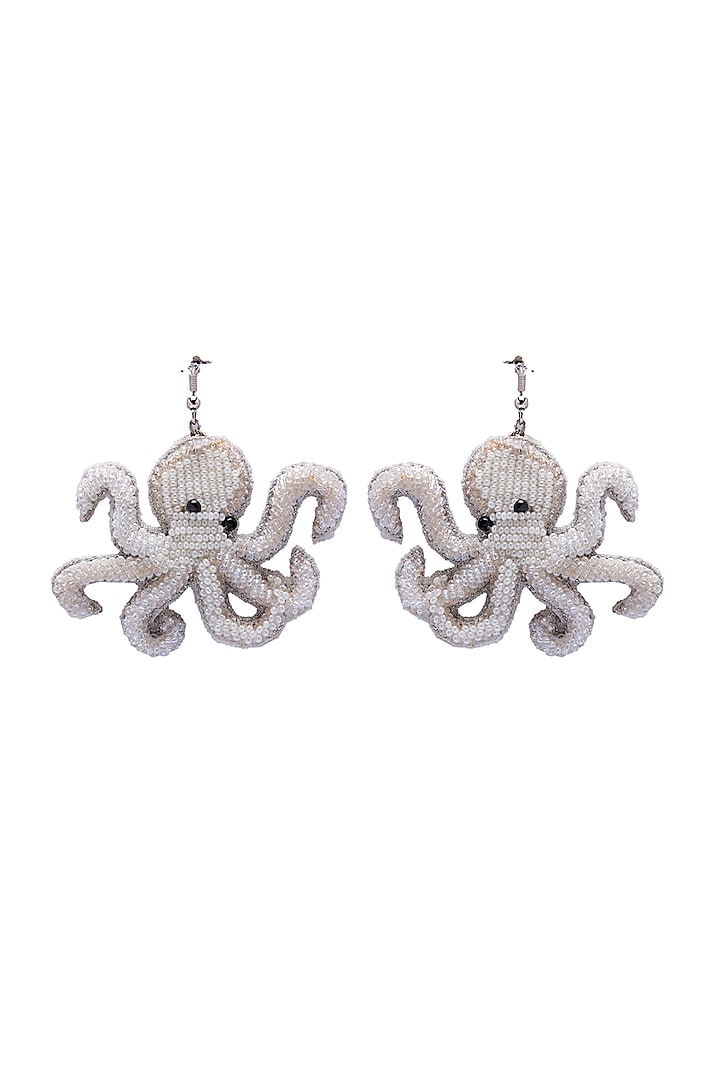 White Embroidered Octopus Earrings by Jyo Das Accessories at Pernia's Pop Up Shop