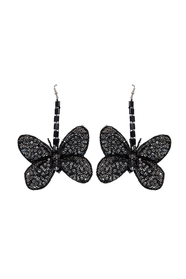 Black Hand Embroidered Dangler Butterfly Earrings by Jyo Das Accessories
