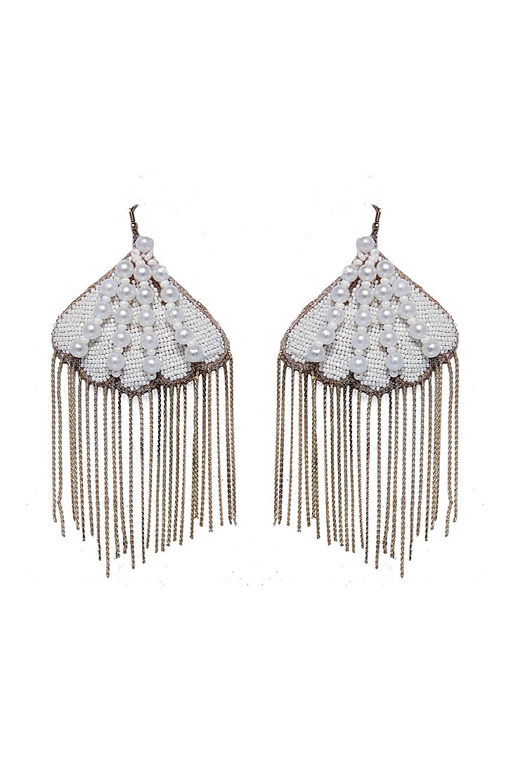 White Hand Embroidered Dangler Shell Earrings by Jyo Das Accessories at Pernia's Pop Up Shop