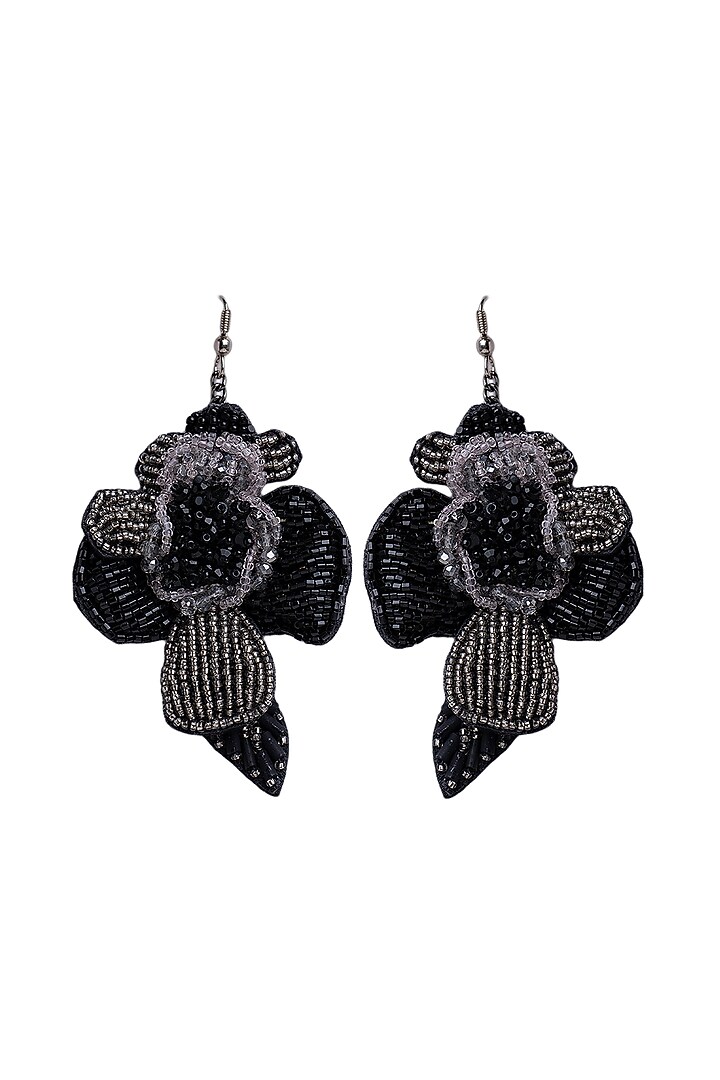 Black Hand Embroidered Floral Earrings by Jyo Das Accessories at Pernia's Pop Up Shop