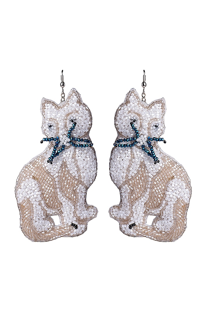 White Hand Embroidered Cat Earrings by Jyo Das Accessories at Pernia's Pop Up Shop