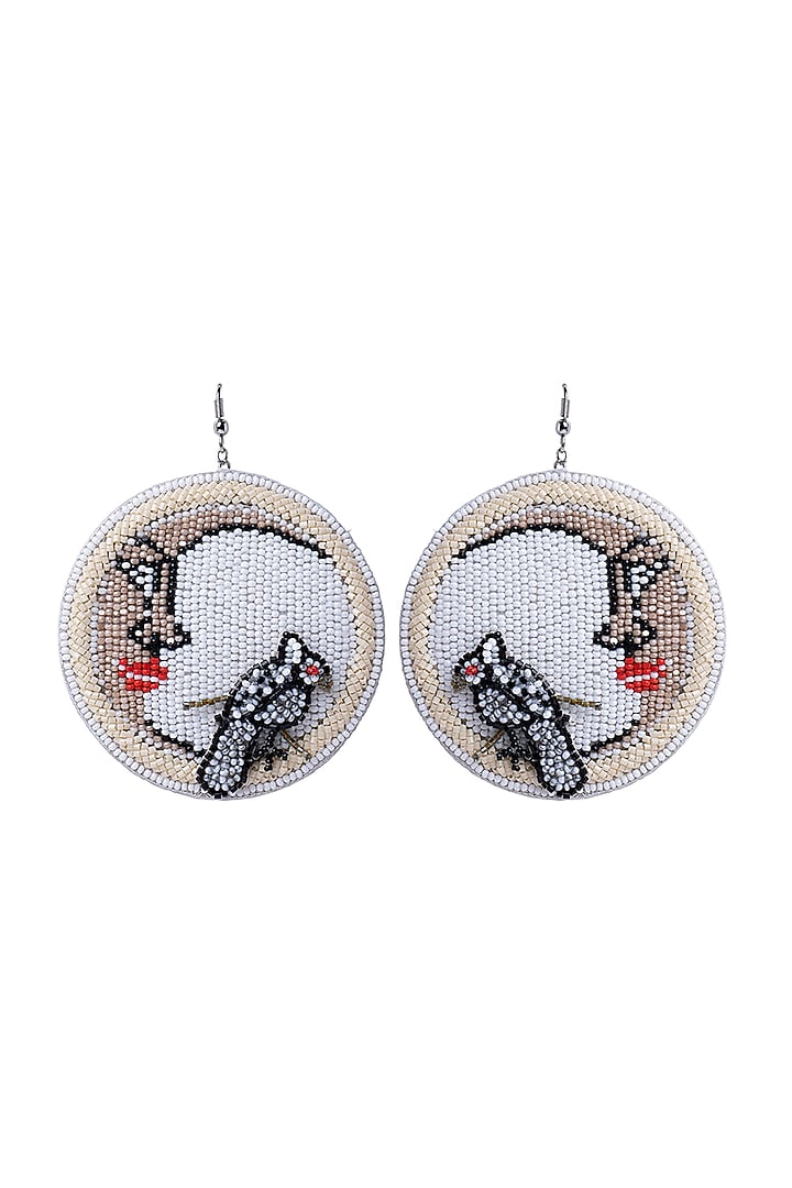 White Hand Embroidered Bird Earrings by Jyo Das Accessories at Pernia's Pop Up Shop