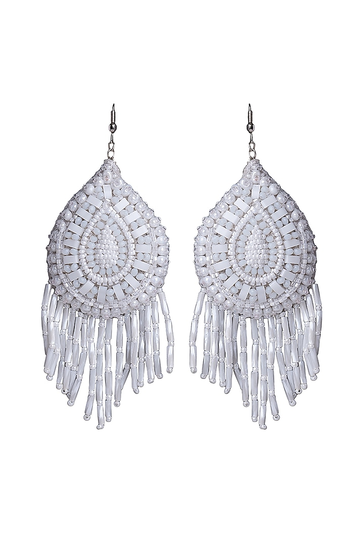 White Hand Embroidered Earrings by Jyo Das Accessories at Pernia's Pop Up Shop