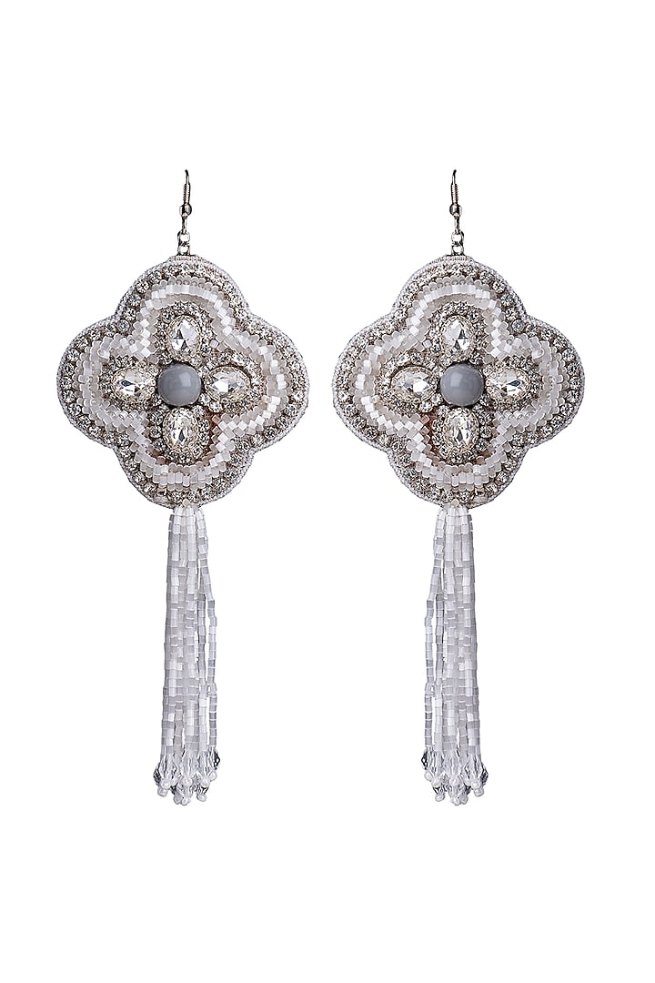 White Embroidered Floral Fringe Earrings by Jyo Das Accessories at Pernia's Pop Up Shop