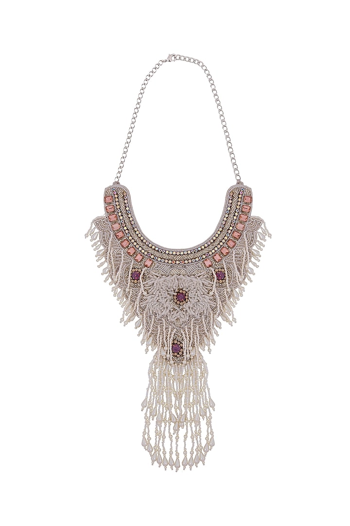 White Glass Crystal & Bead Embroidered Necklace by Jyo Das Accessories at Pernia's Pop Up Shop