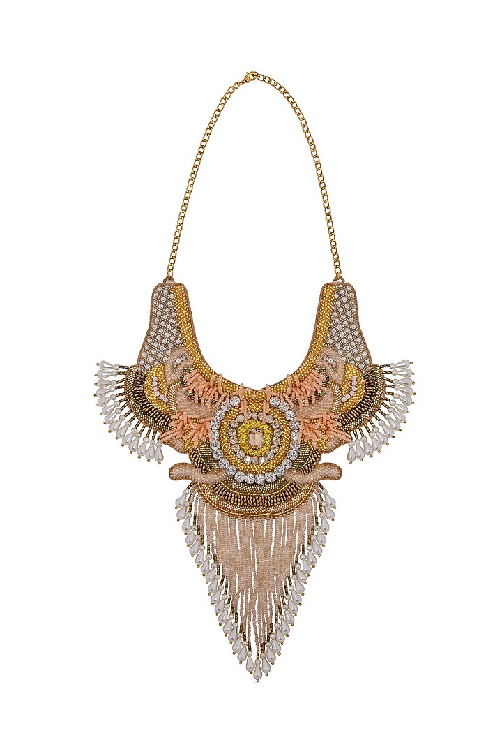Gold Glass Crystal & Bead Embroidered Necklace by Jyo Das Accessories at Pernia's Pop Up Shop