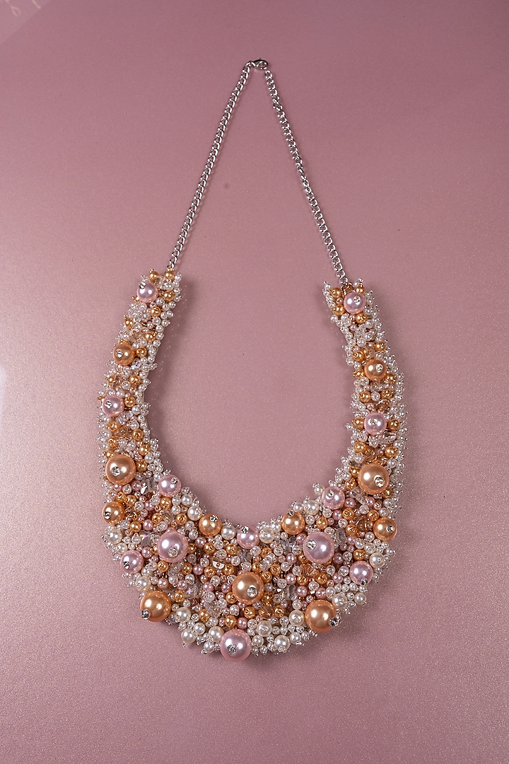 Coral Pearl & Bead Embroidered Necklace by Jyo Das Accessories