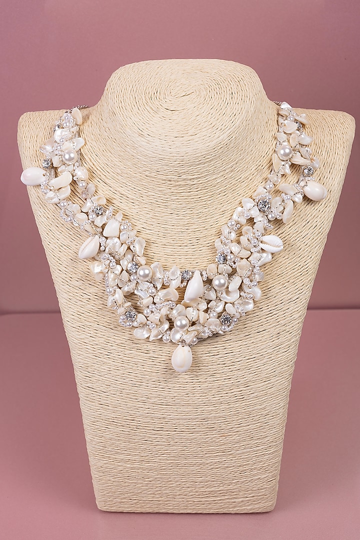 White Pearl & Crystal Embroidered Necklace by Jyo Das Accessories at Pernia's Pop Up Shop