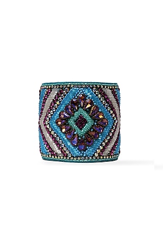Blue Hand Embroidered Cuff Bracelet by Jyo Das Accessories