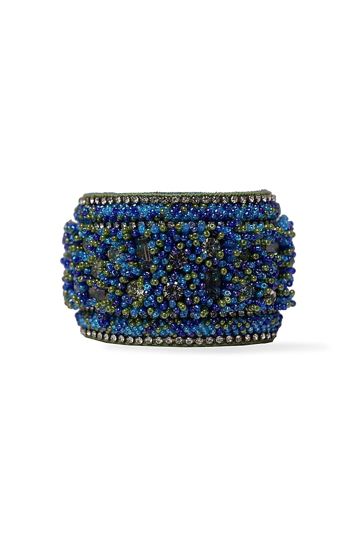 Blue Hand Embroidered Cuff Bracelet by Jyo Das Accessories at Pernia's Pop Up Shop