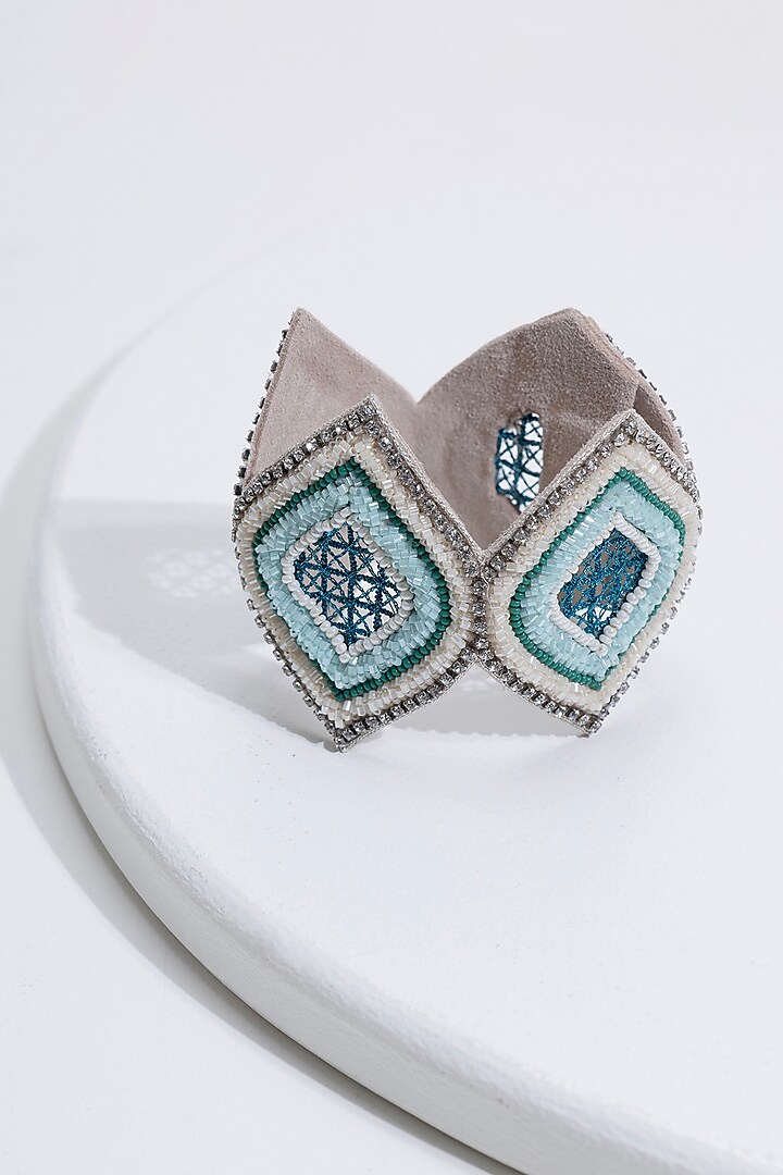 Aqua Hand Embroidered Cuff Bracelet by Jyo Das Accessories
