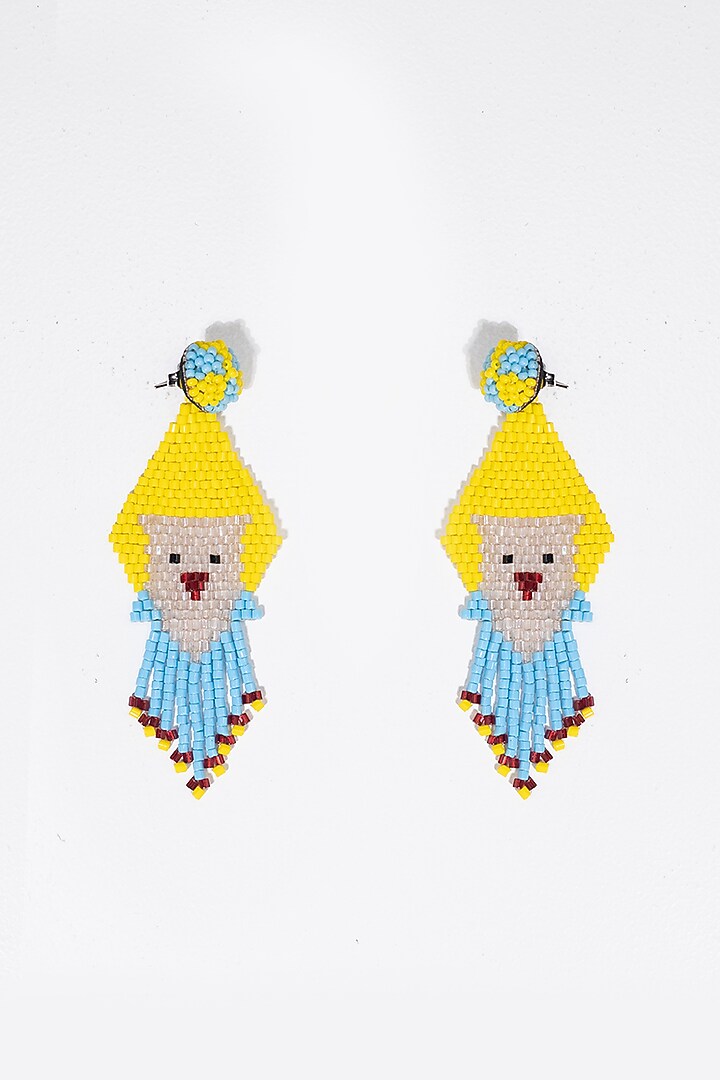 Yellow Hand Embroidered Dangler Earrings by Jyo Das Accessories at Pernia's Pop Up Shop