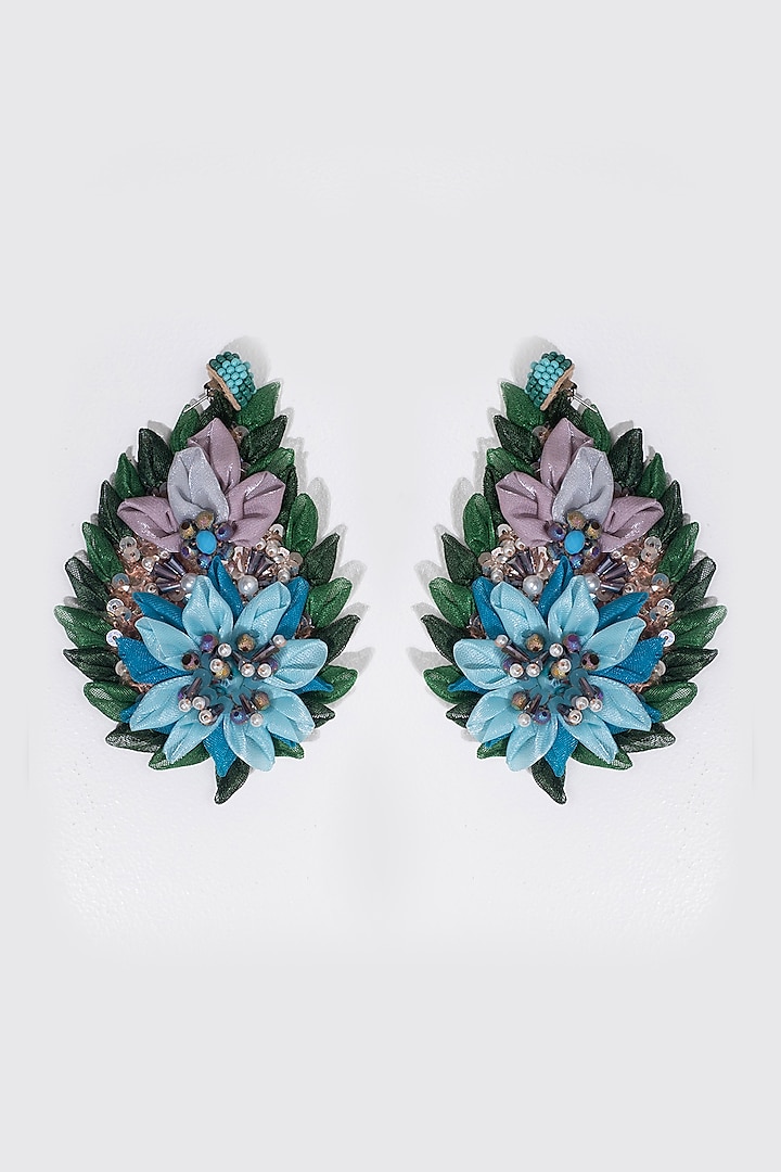 Blue Embroidered Floral Hoop Earrings by Jyo Das Accessories at Pernia's Pop Up Shop