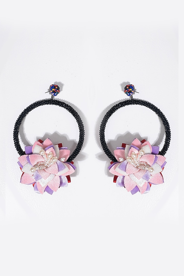 Multi-Colored Embroidered Floral Hoop Earrings by Jyo Das Accessories