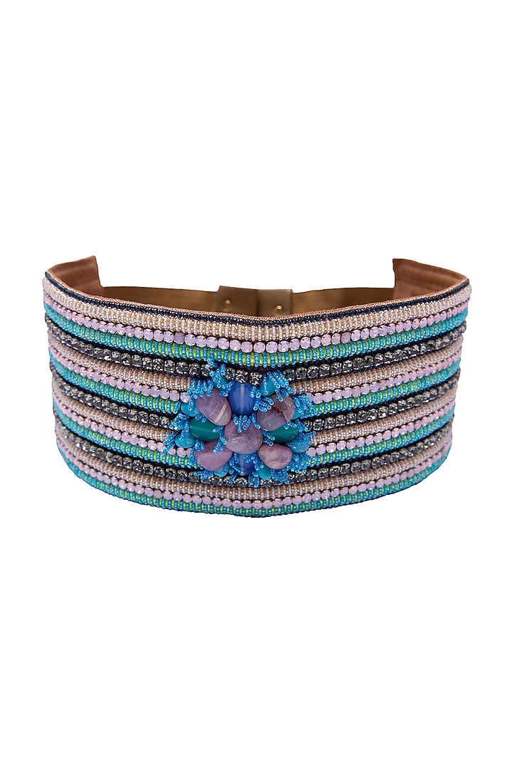 Blue Suede Hand Embroidered Belt by Jyo Das Accessories at Pernia's Pop Up Shop