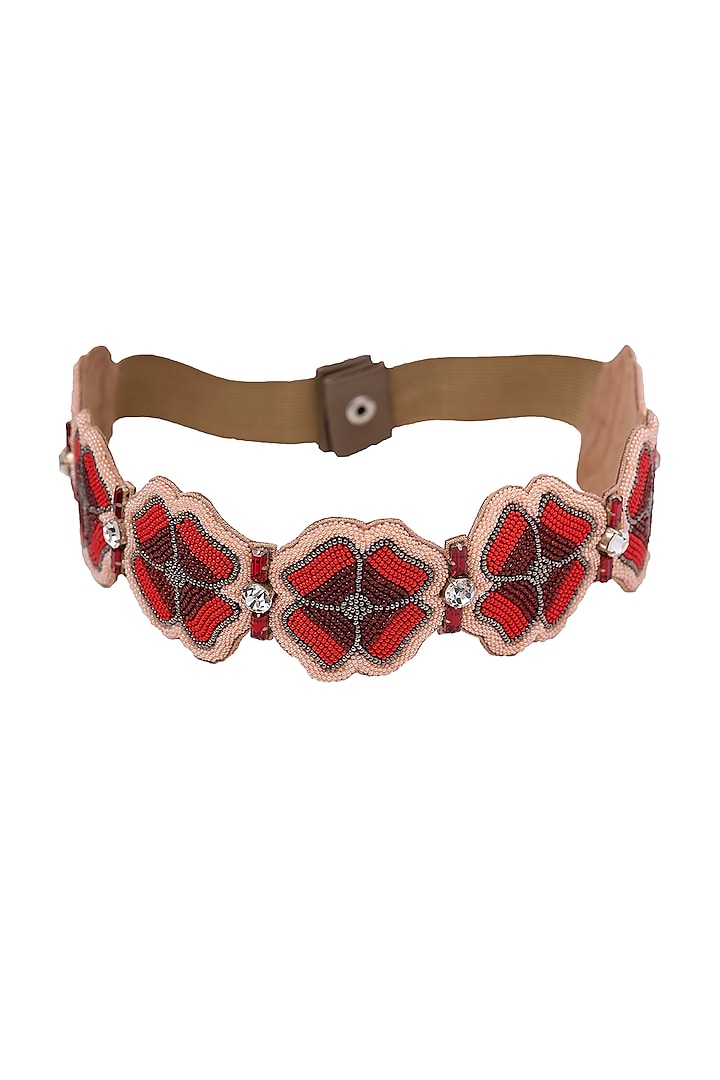 Red Suede Hand Embroidered Belt by Jyo Das Accessories at Pernia's Pop Up Shop