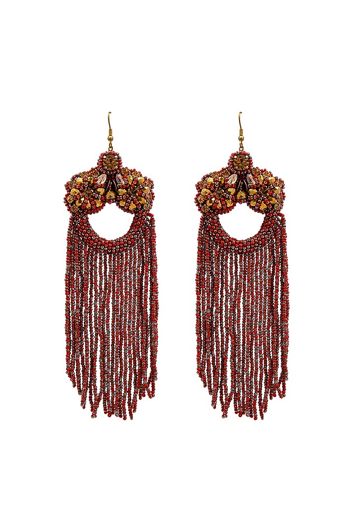 Red Hand Embroidered Dangler Earrings by Jyo Das Accessories at Pernia's Pop Up Shop