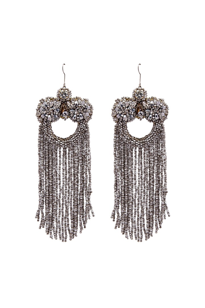 Silver Hand Embroidered Dangler Earrings by Jyo Das Accessories at Pernia's Pop Up Shop