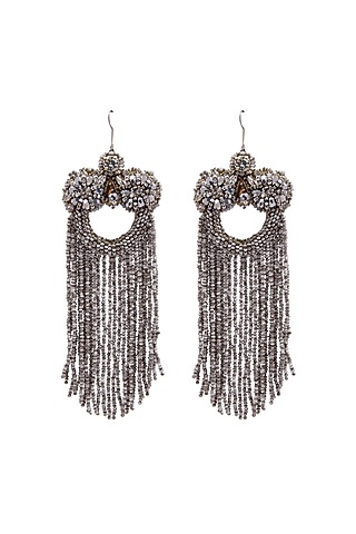 Silver Hand Embroidered Dangler Earrings by Jyo Das Accessories