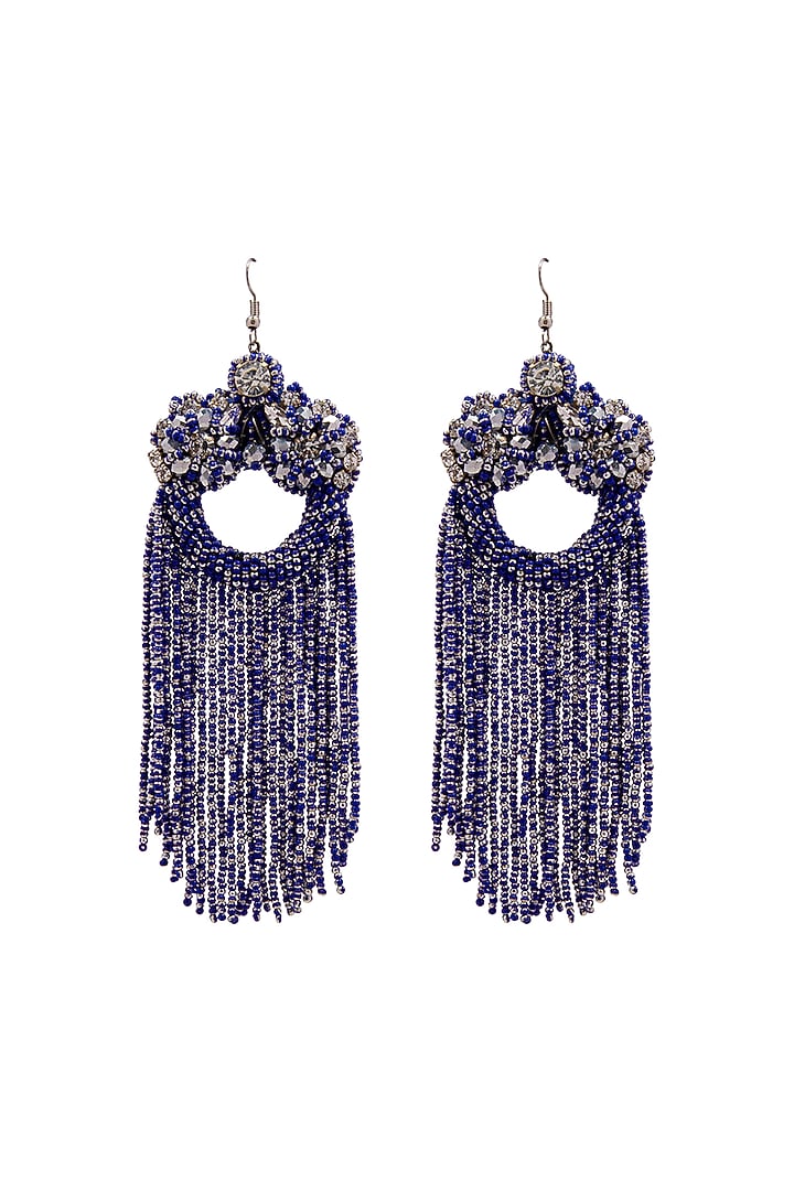 Blue Hand Embroidered Dangler Earrings by Jyo Das Accessories at Pernia's Pop Up Shop