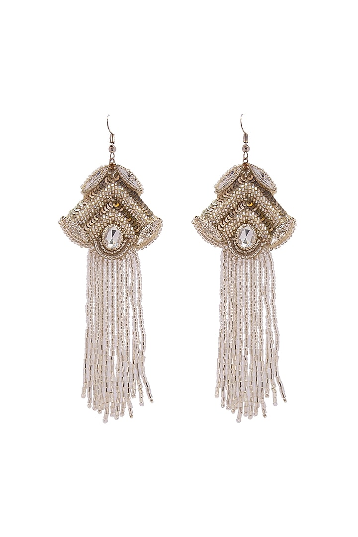 White Hand Embroidered Dangler Earrings by Jyo Das Accessories at Pernia's Pop Up Shop