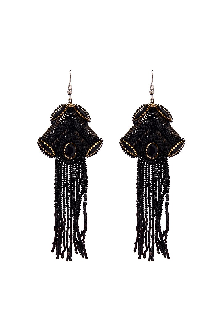 Black Hand Embroidered Dangler Earrings by Jyo Das Accessories at Pernia's Pop Up Shop