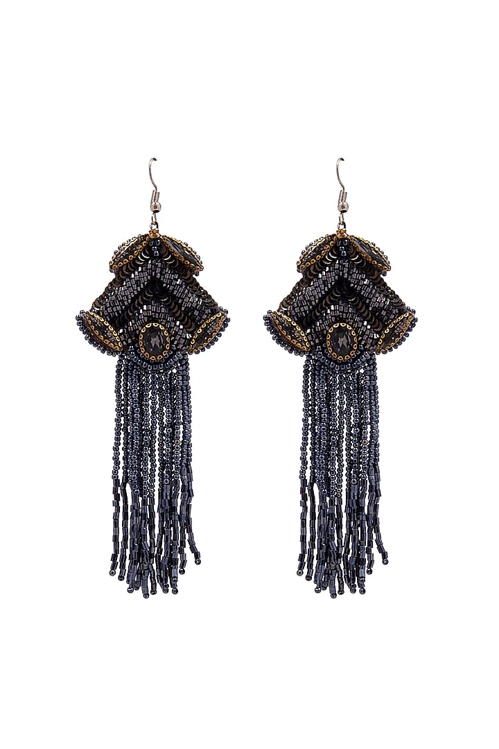 Black Hand Embroidered Dangler Earrings by Jyo Das Accessories at Pernia's Pop Up Shop