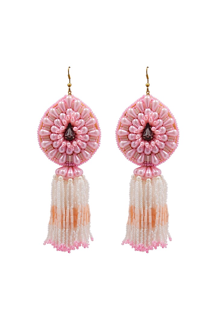 Pink Hand Embroidered Dangler Earrings by Jyo Das Accessories at Pernia's Pop Up Shop