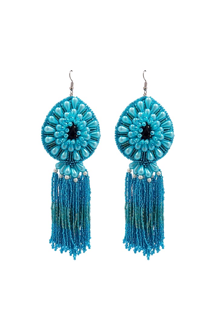 Blue Hand Embroidered Dangler Earrings by Jyo Das Accessories at Pernia's Pop Up Shop