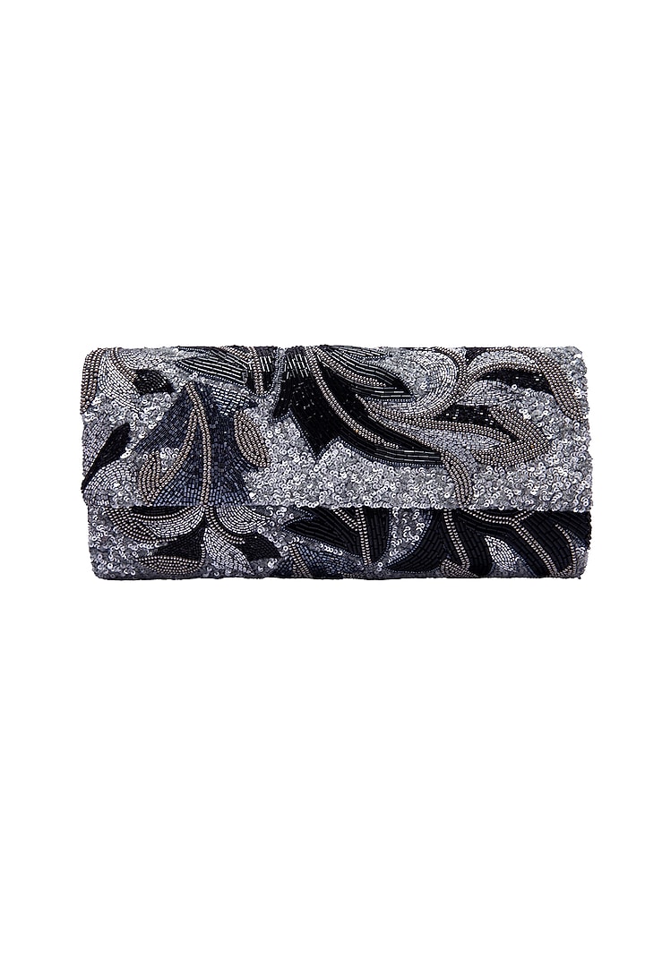 Black Leather Hand Embroidered Clutch by Jyo Das Accessories at Pernia's Pop Up Shop